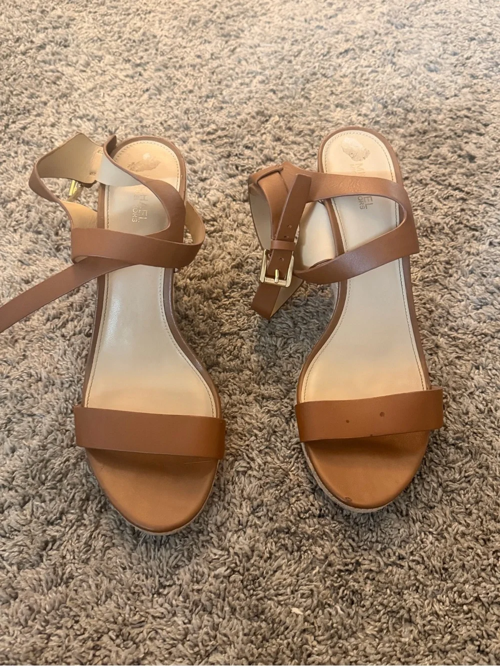 Michael Kors Tan Leather Wedge Sandals with Ankle Strap